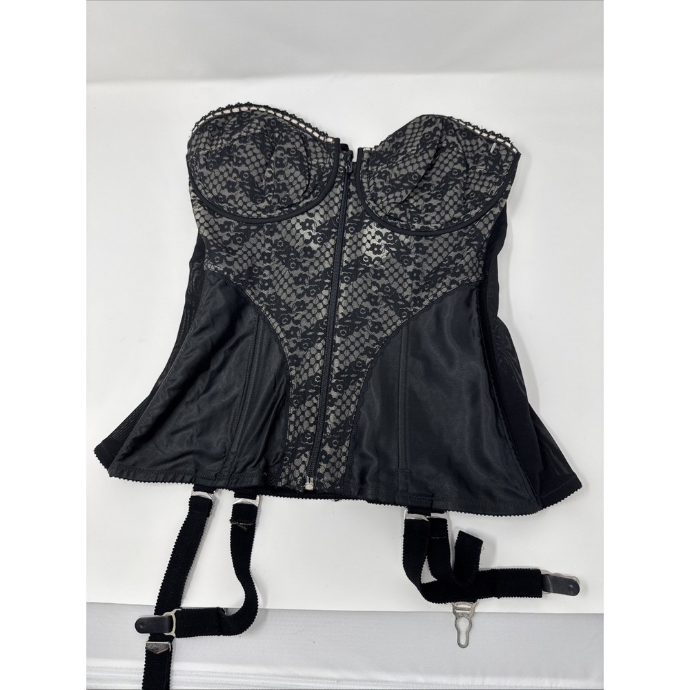 VINTAGE Lady Marlene Black Bustier CORSET GARTER Clip Girdle 36D Lace Satin Goth